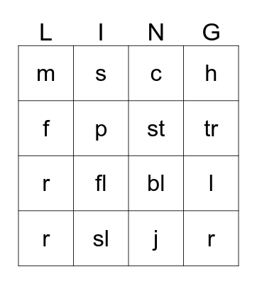 short "a" Lingo Bingo Card