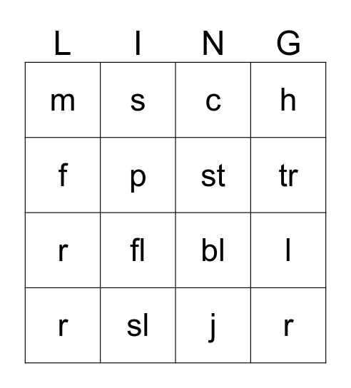 short "a" Lingo Bingo Card