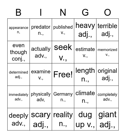 RE1.2 Target Vocabulary Unit 7-8 Bingo Card