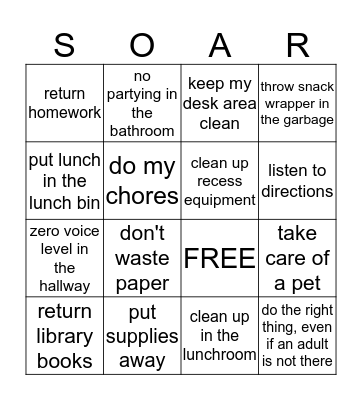 Responsibility Bingo Card