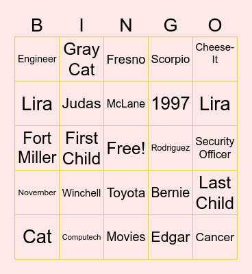 Bridal Bingo Card