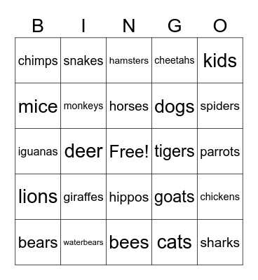 Animals Bingo Card