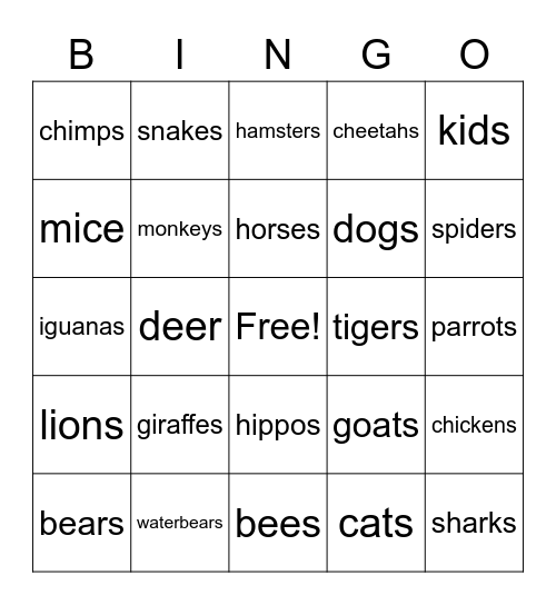 Animals Bingo Card