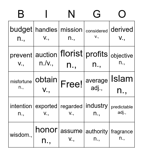 NTRE 2.2 Target Vocabulary Units 7-8 Bingo Card