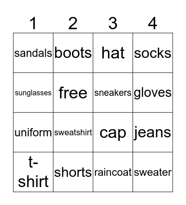 Clothes Bingo Card