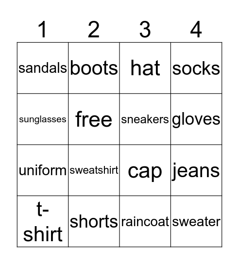 Clothes Bingo Card