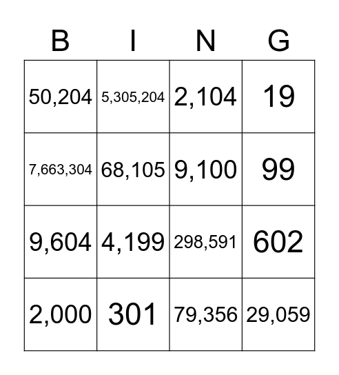 BIG Numbers Bingo Card