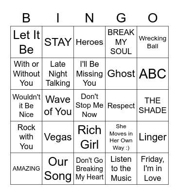 Song Bingo #2 Bingo Card