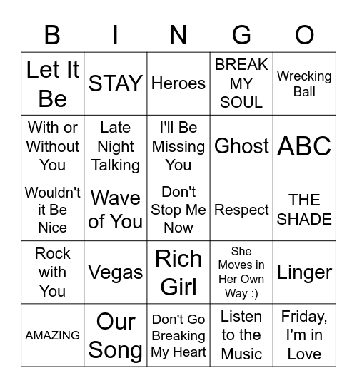 Song Bingo #2 Bingo Card