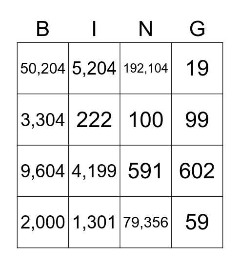 BIG Numbers Bingo Card