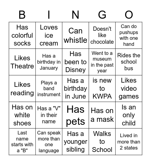 Middle School BINGO: Find someone who... Bingo Card