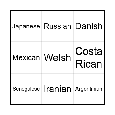 Nationalities Bingo Card