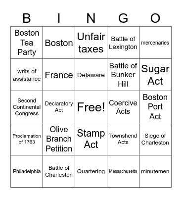 Colonial Times and Revolution Bingo Card