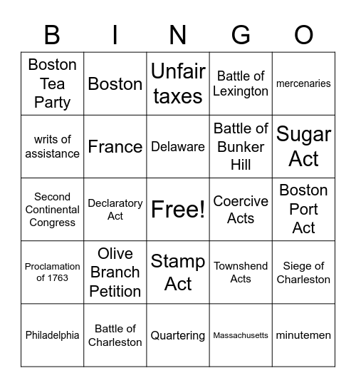 Colonial Times and Revolution Bingo Card