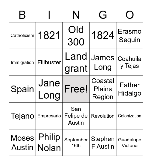 Mexican Colonial Era Bingo Card