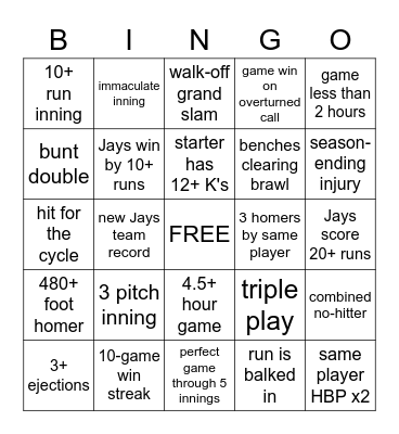 The Jays 2023 Season Bingo Card