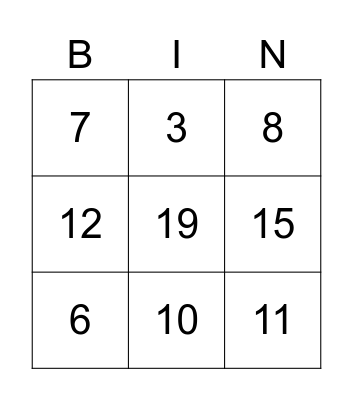 Number identication Bingo Card