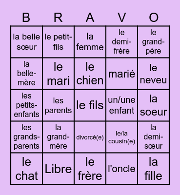 French Family Members Bingo Card