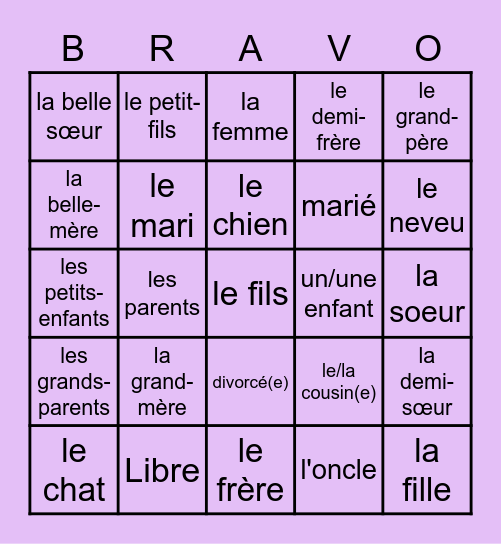 French Family Members Bingo Card