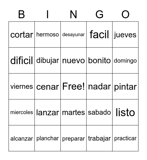 spanish 3A vocab Bingo Card