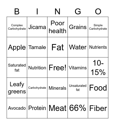 Nutrition Bingo Card