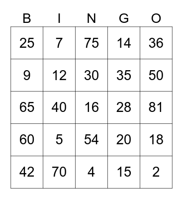 Multiplication/Division Bingo Card