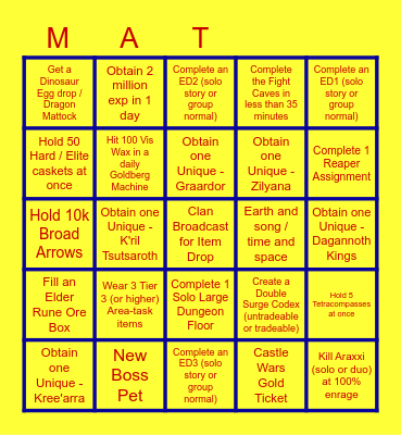 Runescape Bingo Card