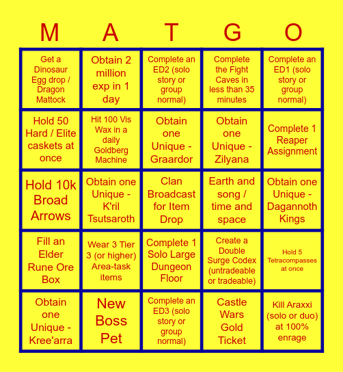 Runescape Bingo Card