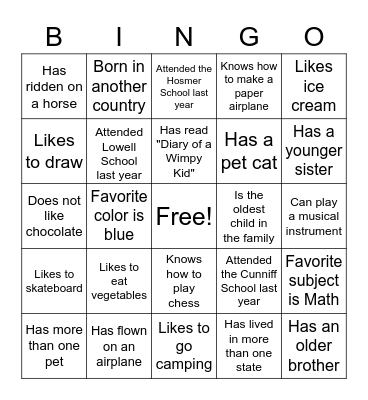 Classmate Bingo Card