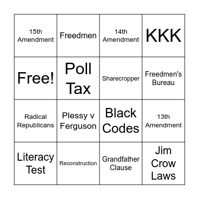 RECONSTRUCTION Bingo Card