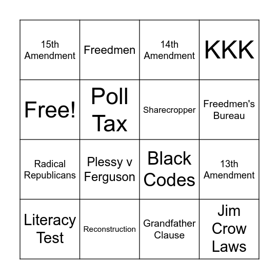 RECONSTRUCTION Bingo Card