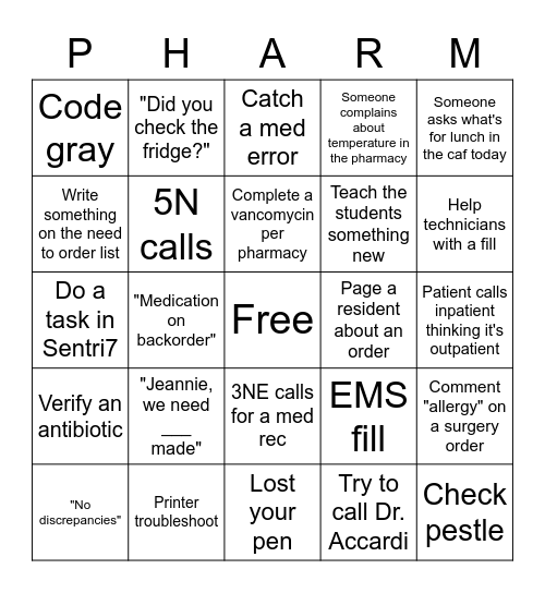 Pharmacist Bingo Card