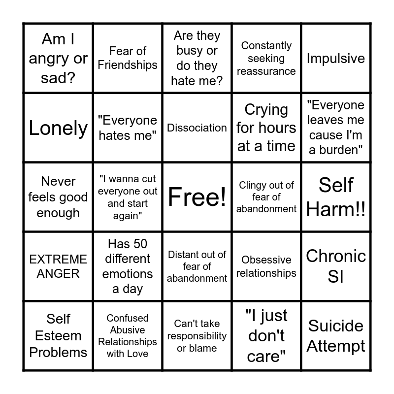 Borderline Bingo Card