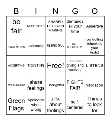 Relationship Bingo Card