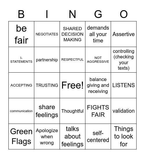 Relationship Bingo Card