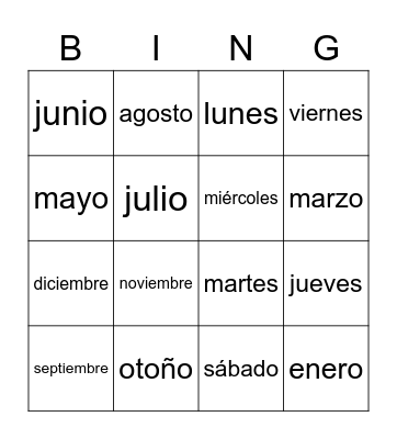 Los Días y los Meses del Año Bingo Card