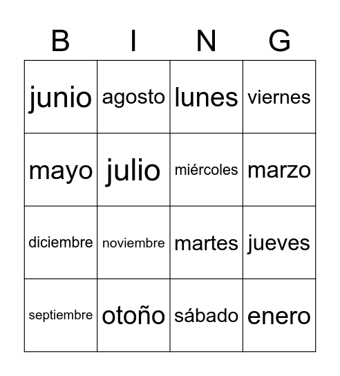 Los Días y los Meses del Año Bingo Card