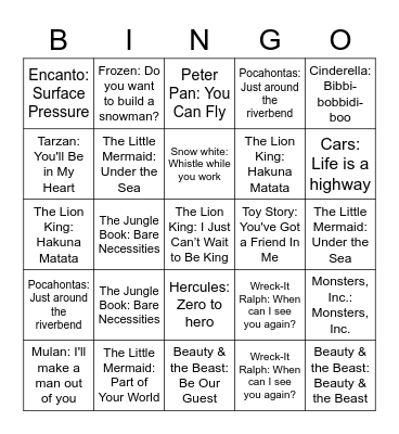 Disney Songs Bingo Card