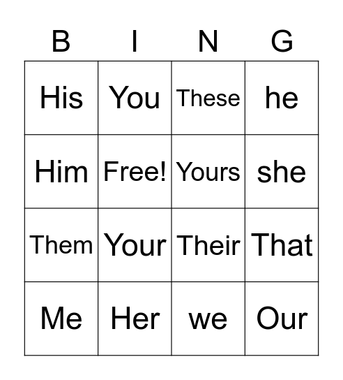 Pronouns Bingo Card