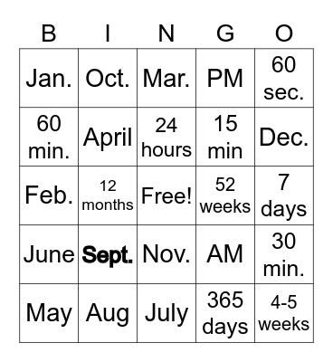 Measurement of Time Bingo Card