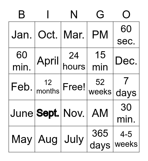 Measurement of Time Bingo Card