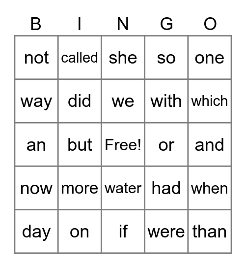 Fry's First 100 Words Bingo Card