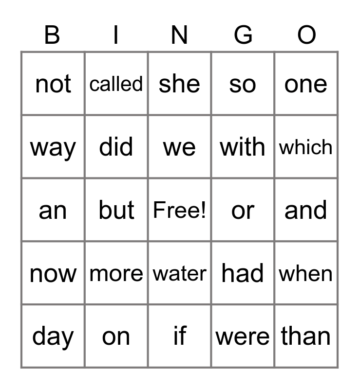 Fry's First 100 Words Bingo Card