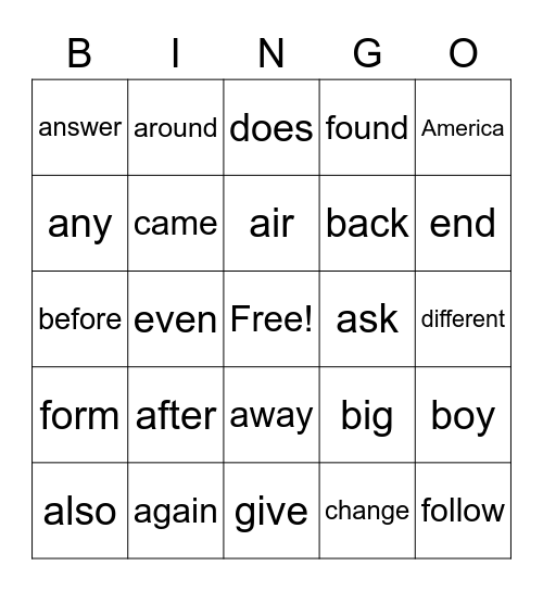 Fry Sigt Words Bingo Card