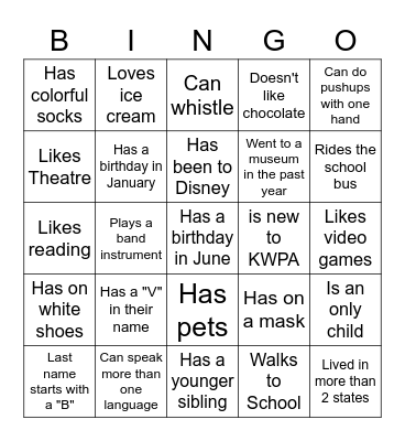 Middle School BINGO: Find someone who... Bingo Card