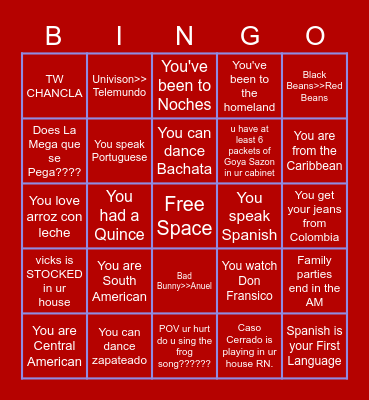 Latinx Bingo Card