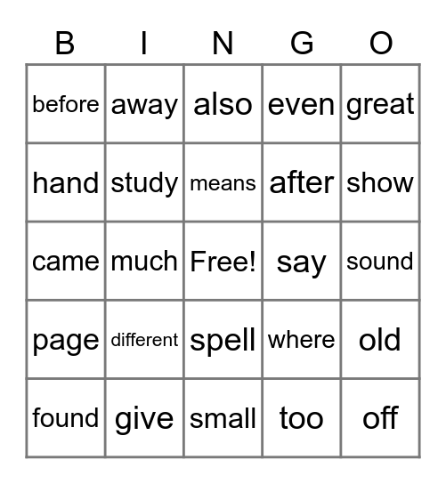 Fry's Second 100 Bingo Card