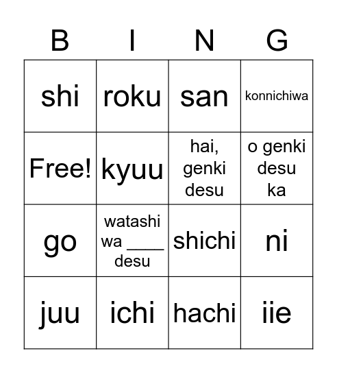 Japanese words Bingo Card