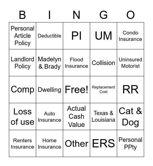 Insurance Bingo Card