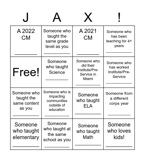 Network JAX Mixer Bingo Card